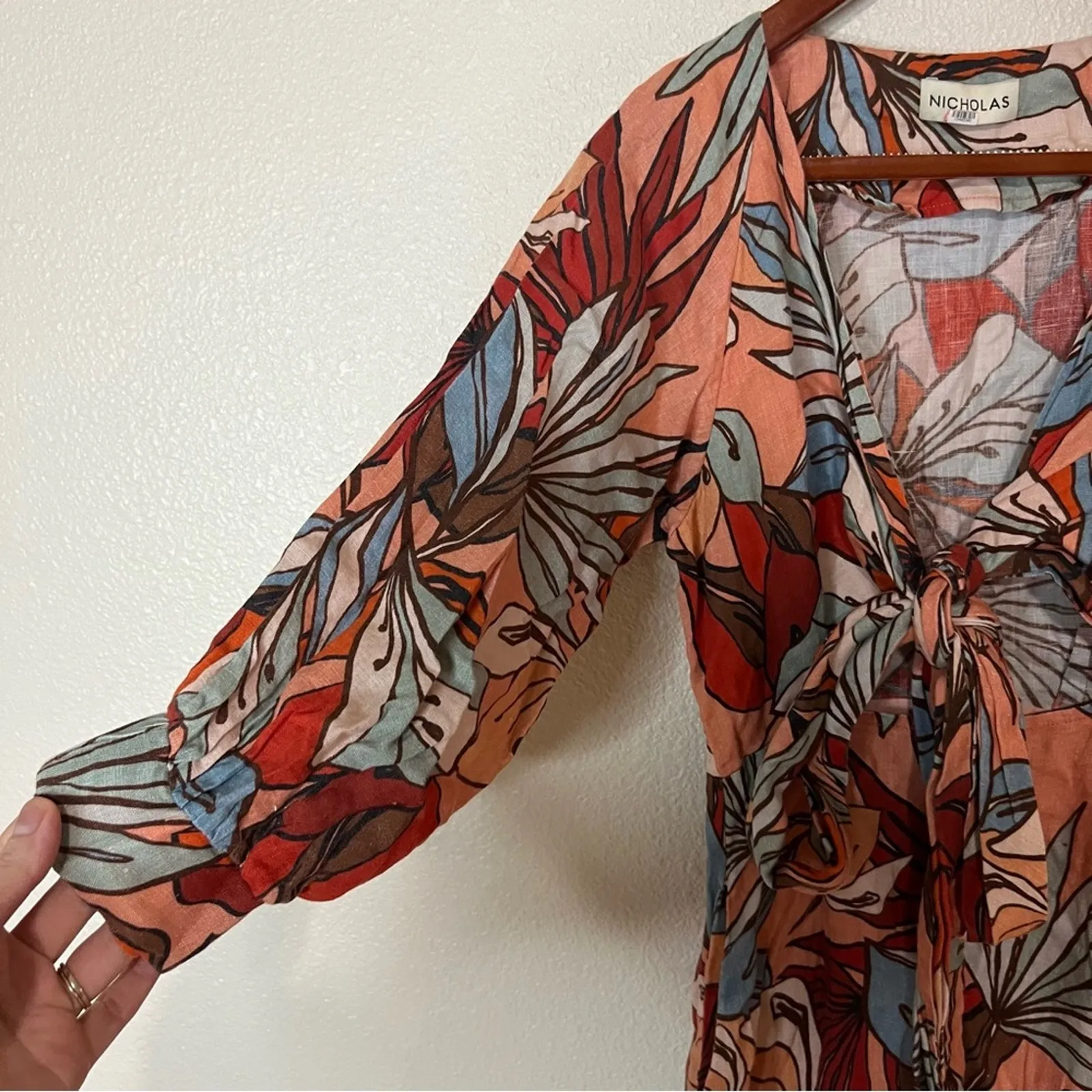 Nicholas Asilah floral linen long sleeve cutout tie midi dress 0 Pink - Image 5