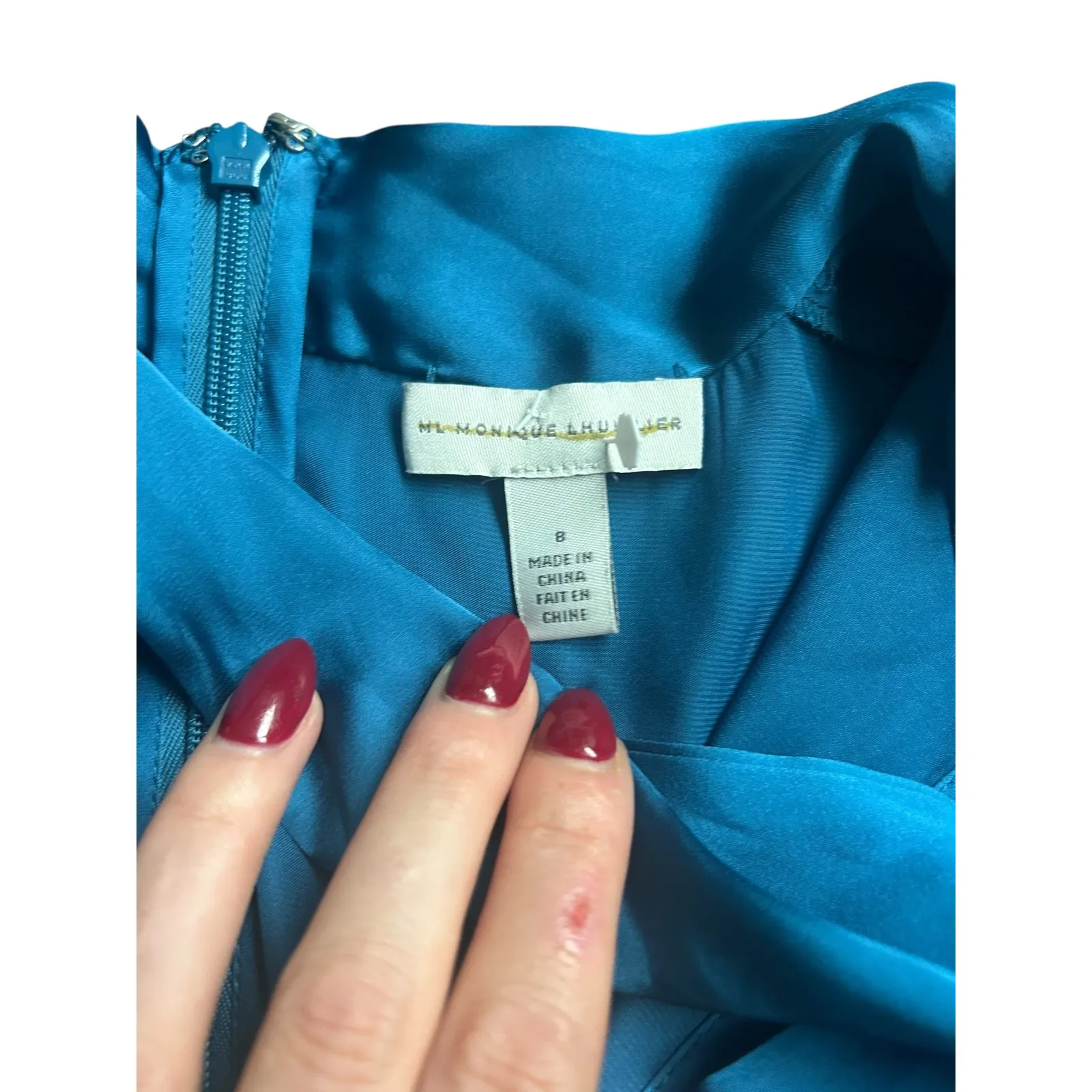 ML Monique Lhuillier Ceramic Blue Satin Bow Neck Pleated Midi Dress Size 8 - Image 3