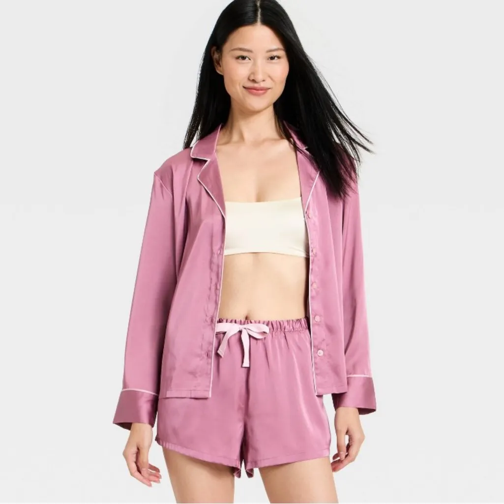 Auden Women's Luxury Collection Satin Notch Collar Pajama Set Pink Size L - Image 3