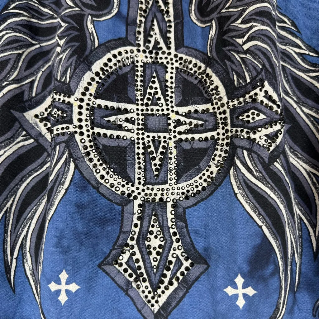 Affliction Women's Hoodie Pullover Virtue Biker Tattoo Blue Black - Image 9