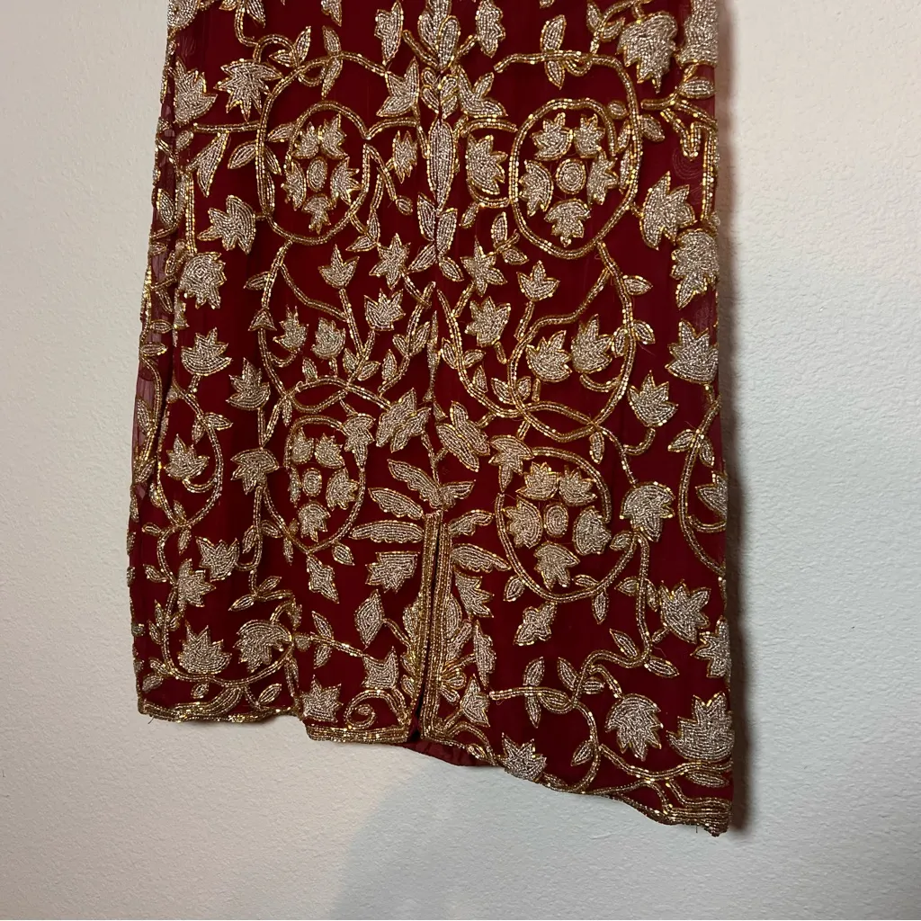 Vintage Beaded Silk Dress Red Gold Short Sleeve Knee Length Size Large - Image 10