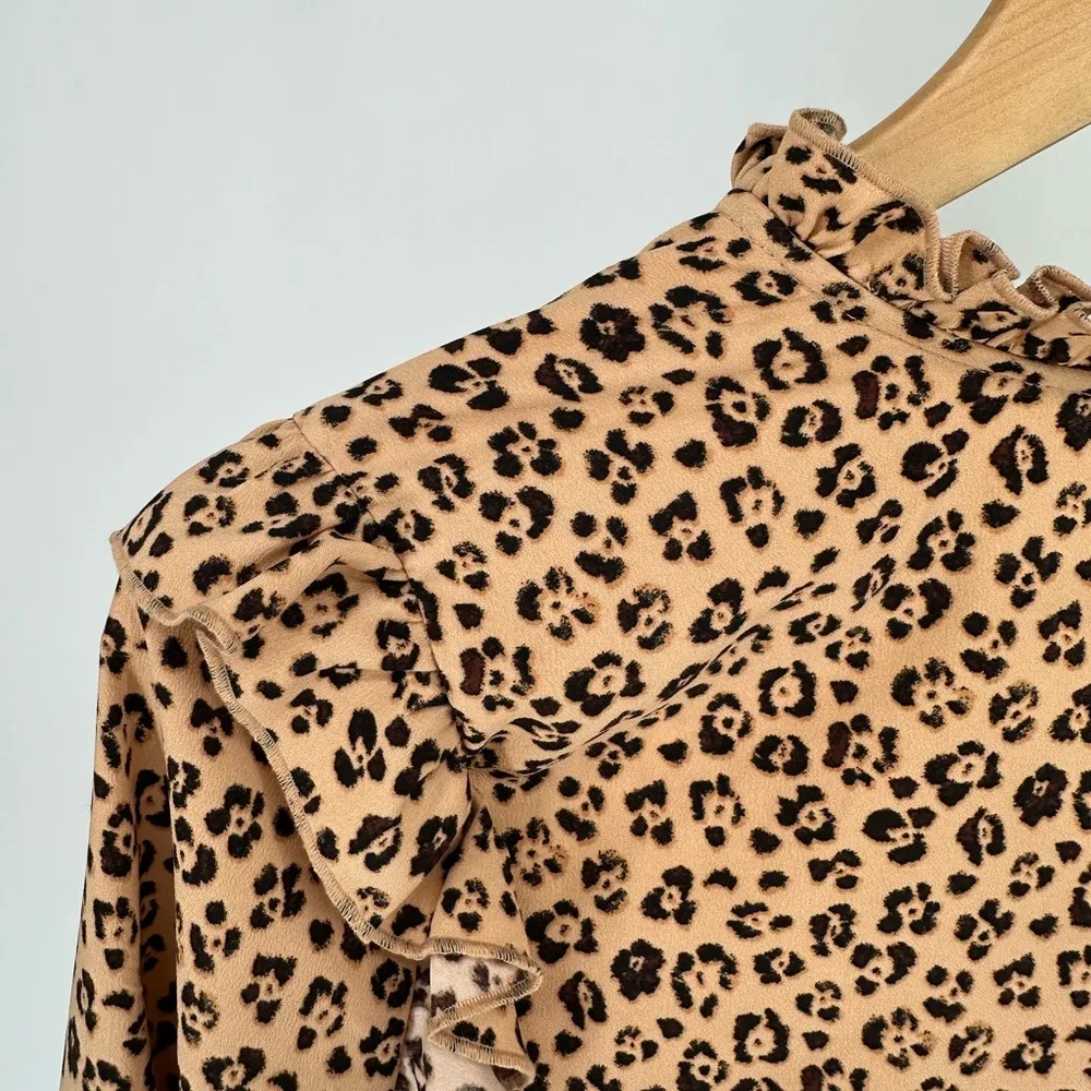 Rachel Parnell Tan Brown Leopard Print Ruffle Long Sleeve Blouse Top Extra Small - Image 5