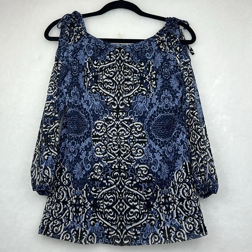 INC International Concepts Blue Geometric Cold Shoulder Sleeve Top Sz S - Image 9
