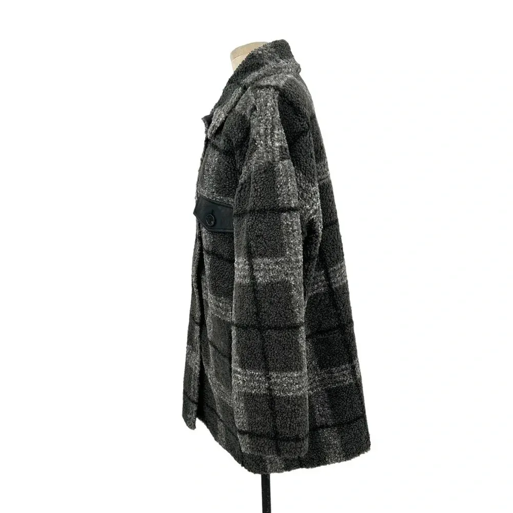 NVLT Plaid Faux Leather Trim Coat Gray Sherpa‎ Shacket Size XL - Image 7