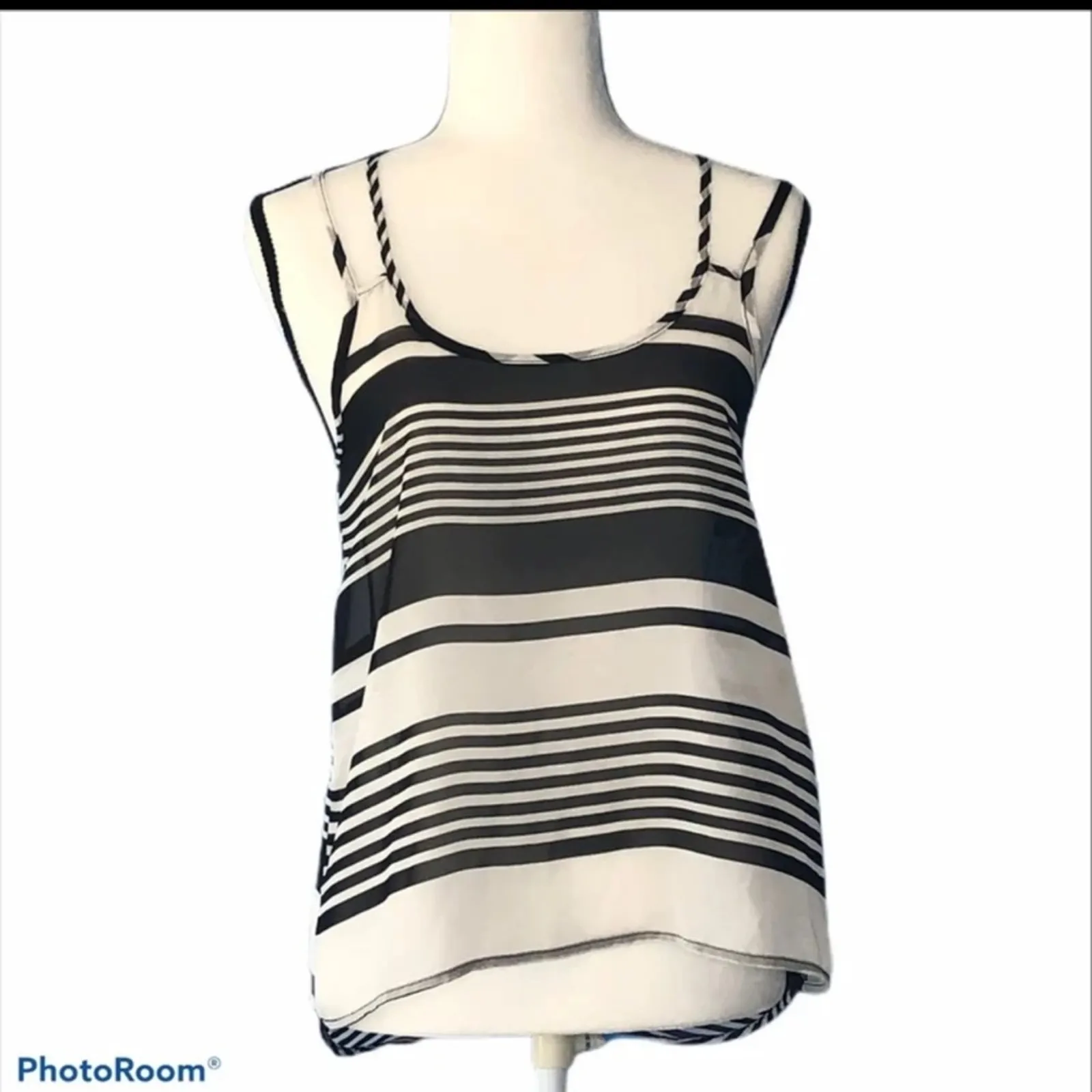 American Dream Sheer Black & White Striped Tank Top Size Small Double Strap - Image 4
