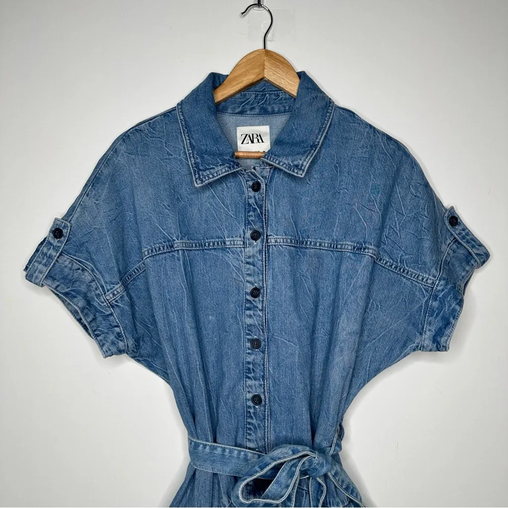 Zara Denim Blue Button Front Belted Tiered Mini Dress Size XL - Image 5