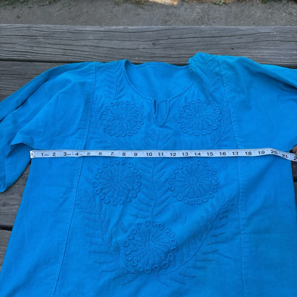 Vintage Mexican Embroidered Blue Long Sleeve Cotton Blouse Size L - Image 6