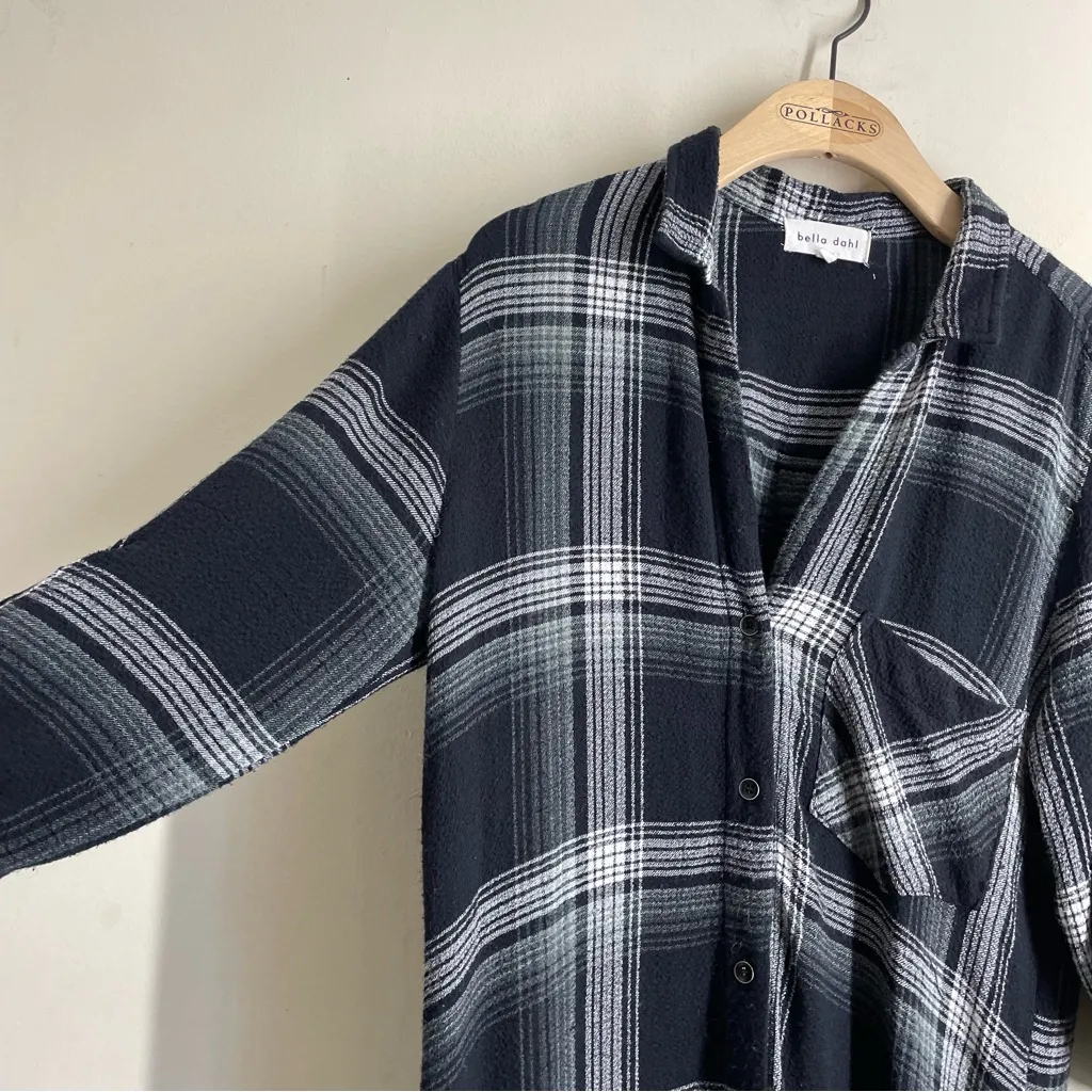 Bella Dahl Plaid Maxi Shirt Dress Black Gray Button Front Roll Tab Sleeves • XS - Image 7
