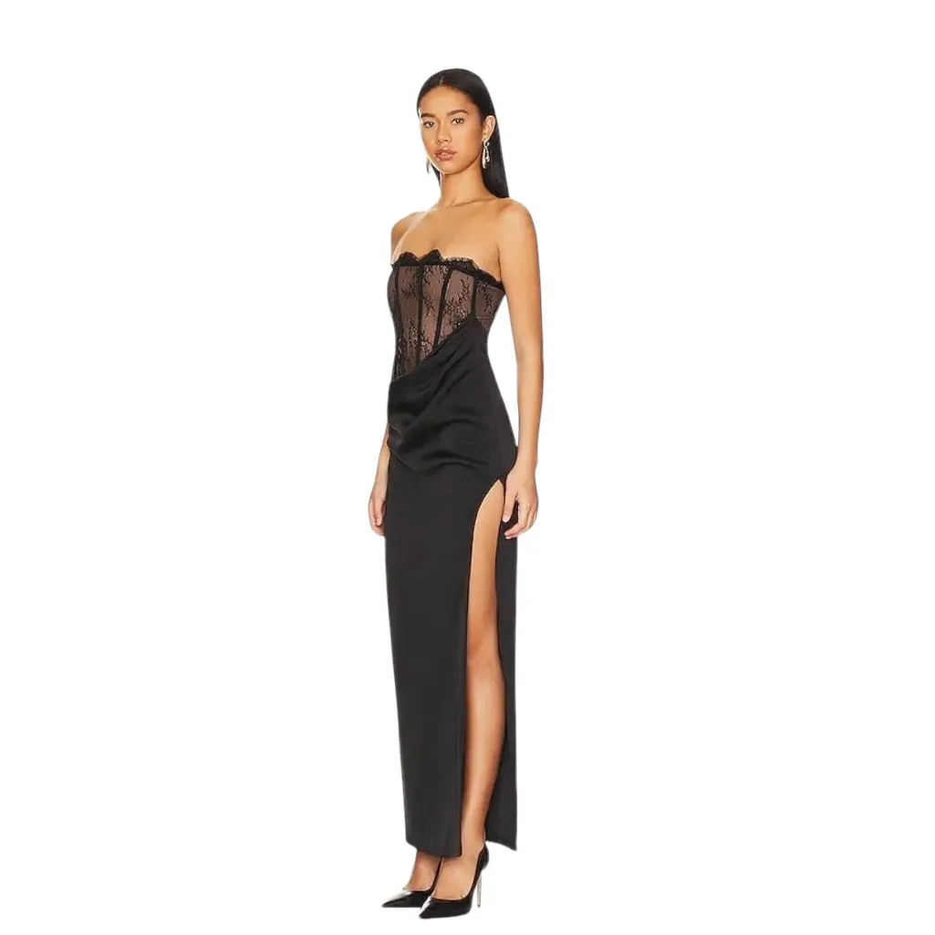 NBD x Revolve - Nalani Lace Tan and Black Strapless Bustier Maxi Gown Sz M - Image 3