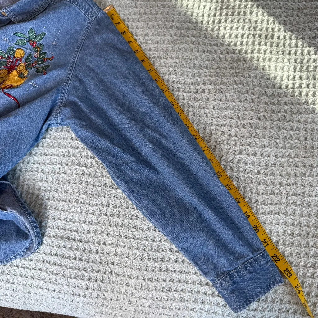 Vintage Bobbie Brooks Ugly Christmas Denim Shirt 14W/16W Embroidered Bells Top Blue - Image 7