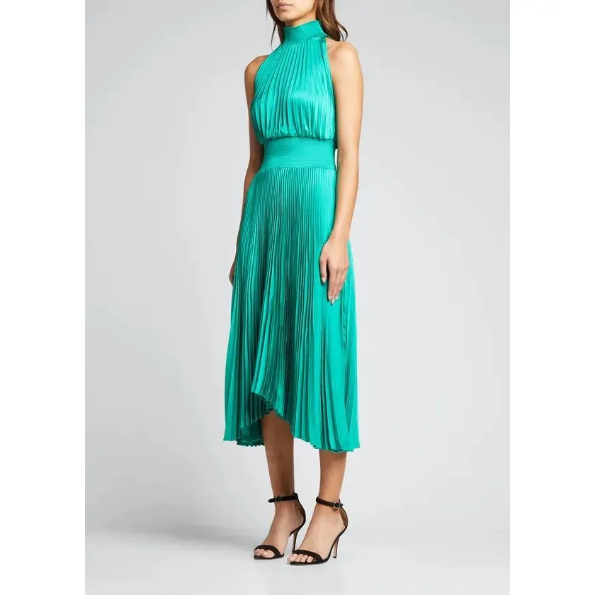 ALC Renzo Pleated Halter Midi Dress Serpent Green Emerald Cocktail Party Satin - Image 2