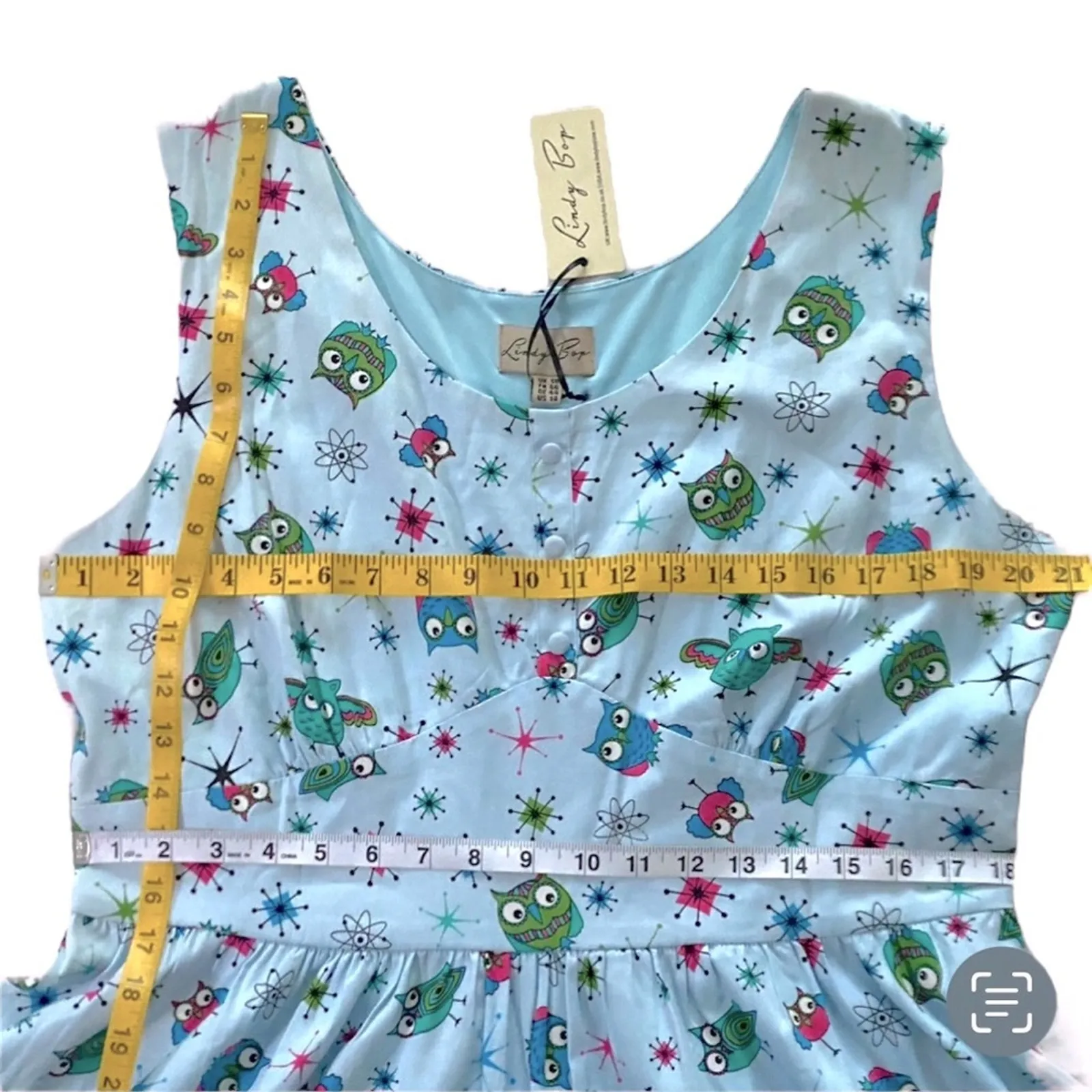 Lindy Bop UK Retro Dress 14 Plus 50s Pinup Cotton Stretch RARE Atomic Owls 40s Blue - Image 10