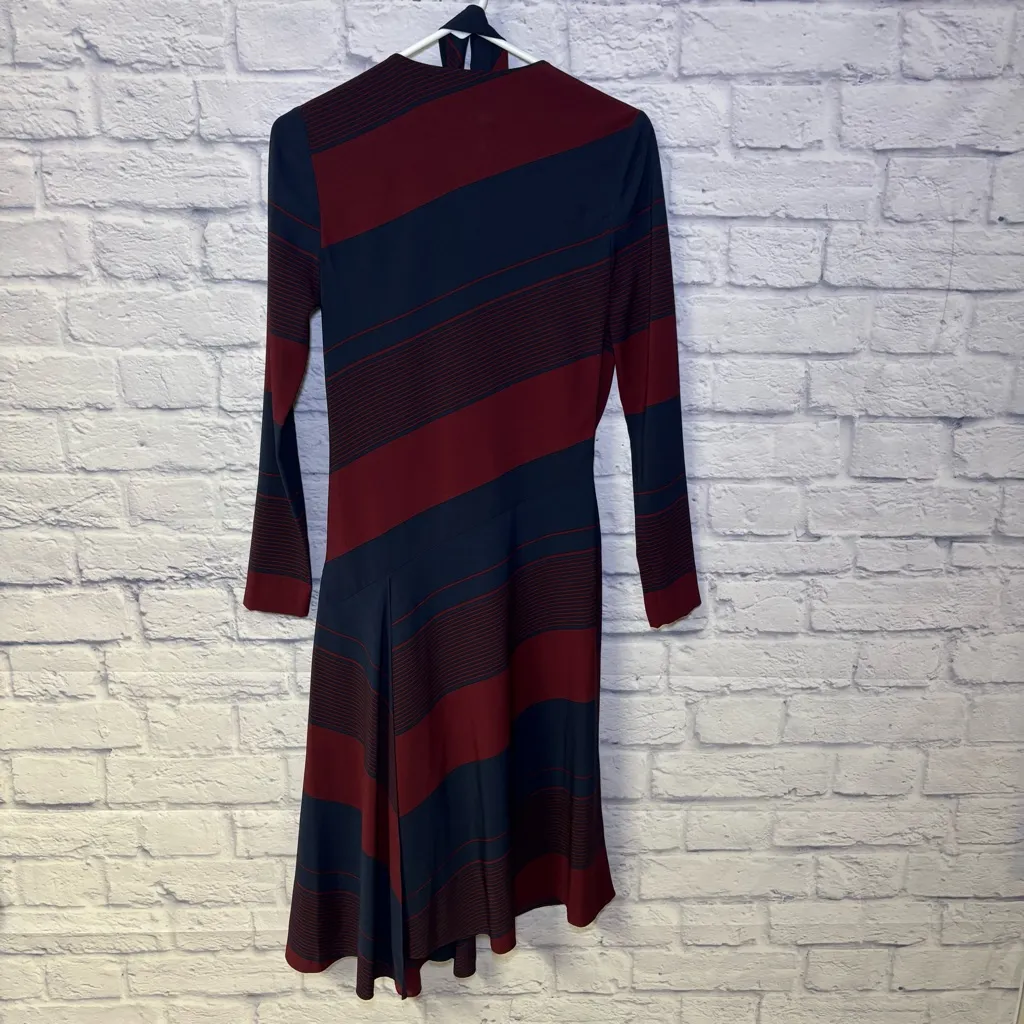 Tory Burch Lyon Navy/Burgundy Stripe Runway Long Sleeve Faux Wrap Dress Sz. 0 - Image 13