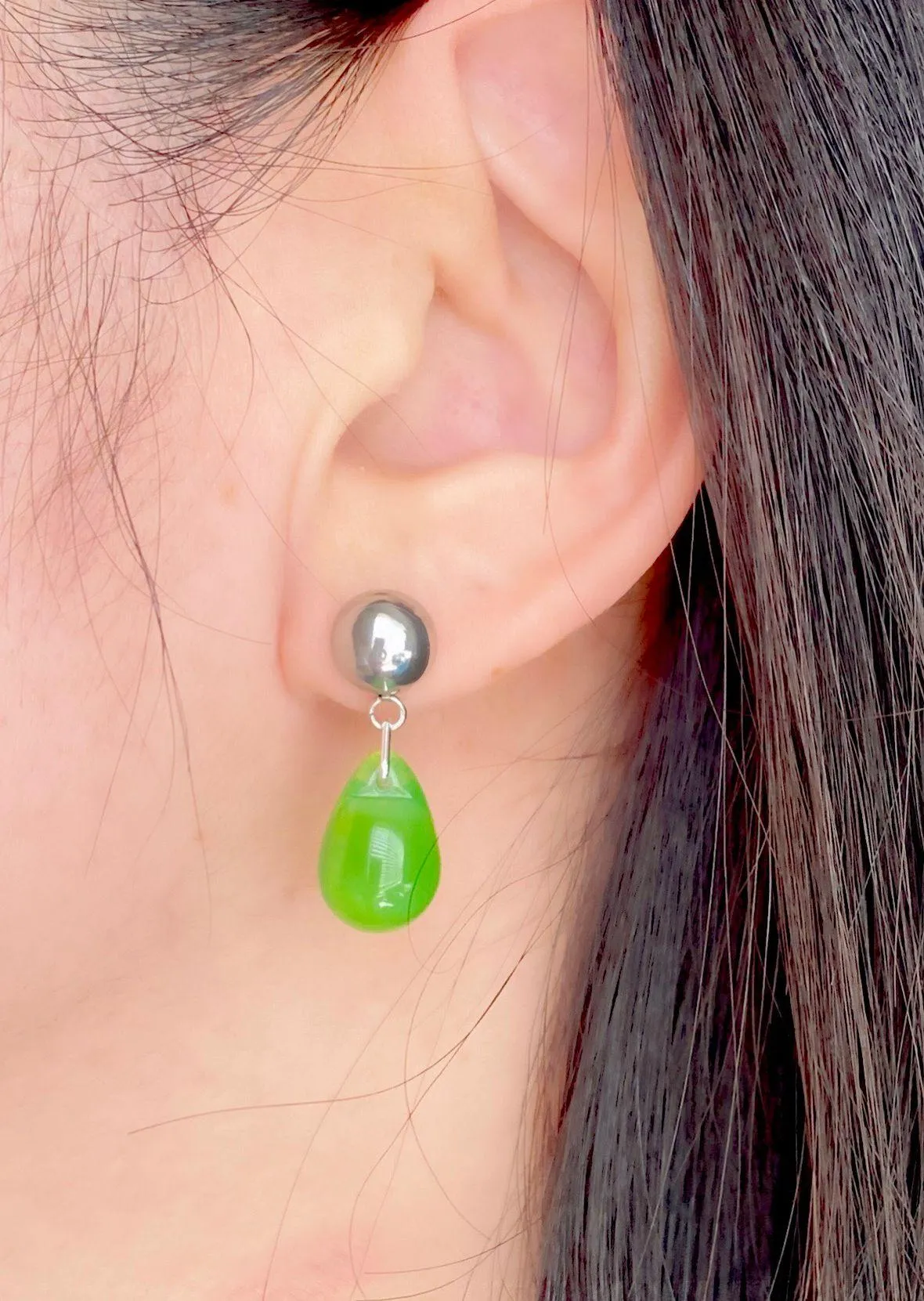 green opal teardrop Czech glass simple minimalist earrings💚 - Image 8