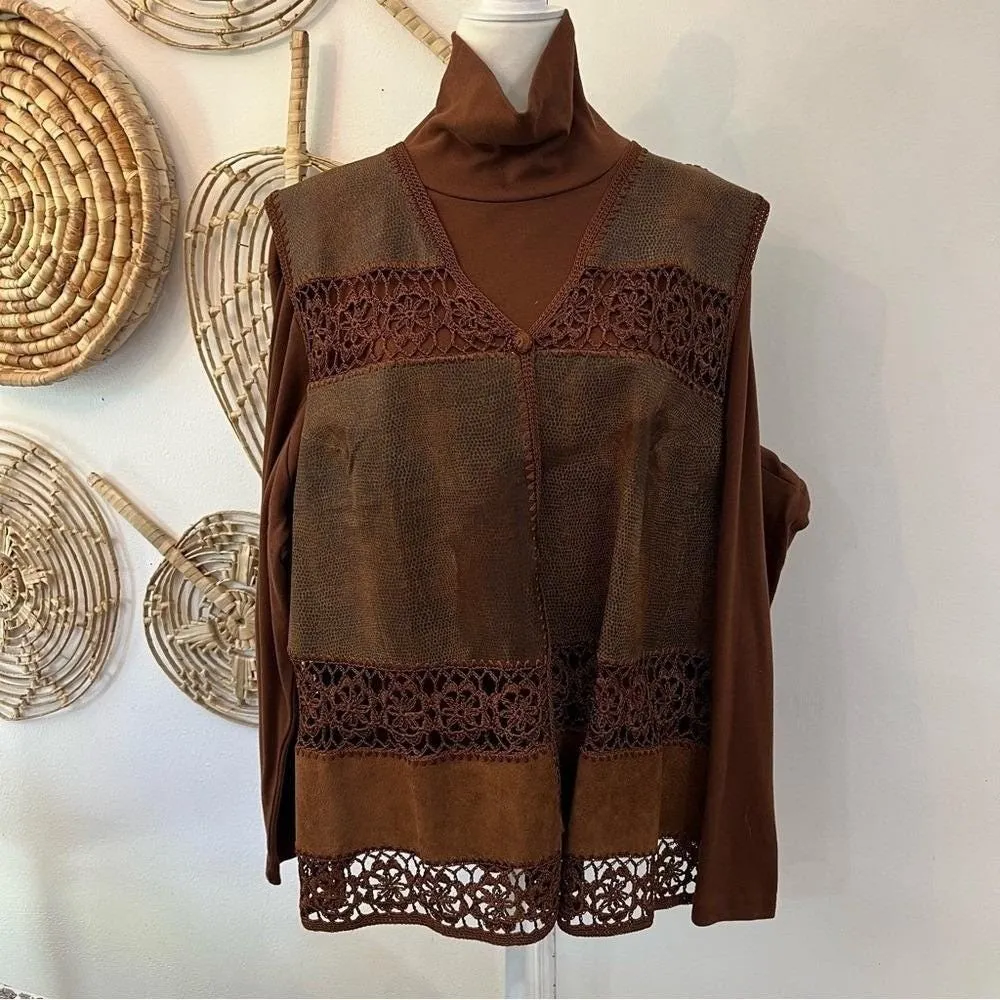 Vintage Denim & Co Leather Vest & Turtleneck Top Western Boho Brown Outfit 3X Size undefined - Image 5