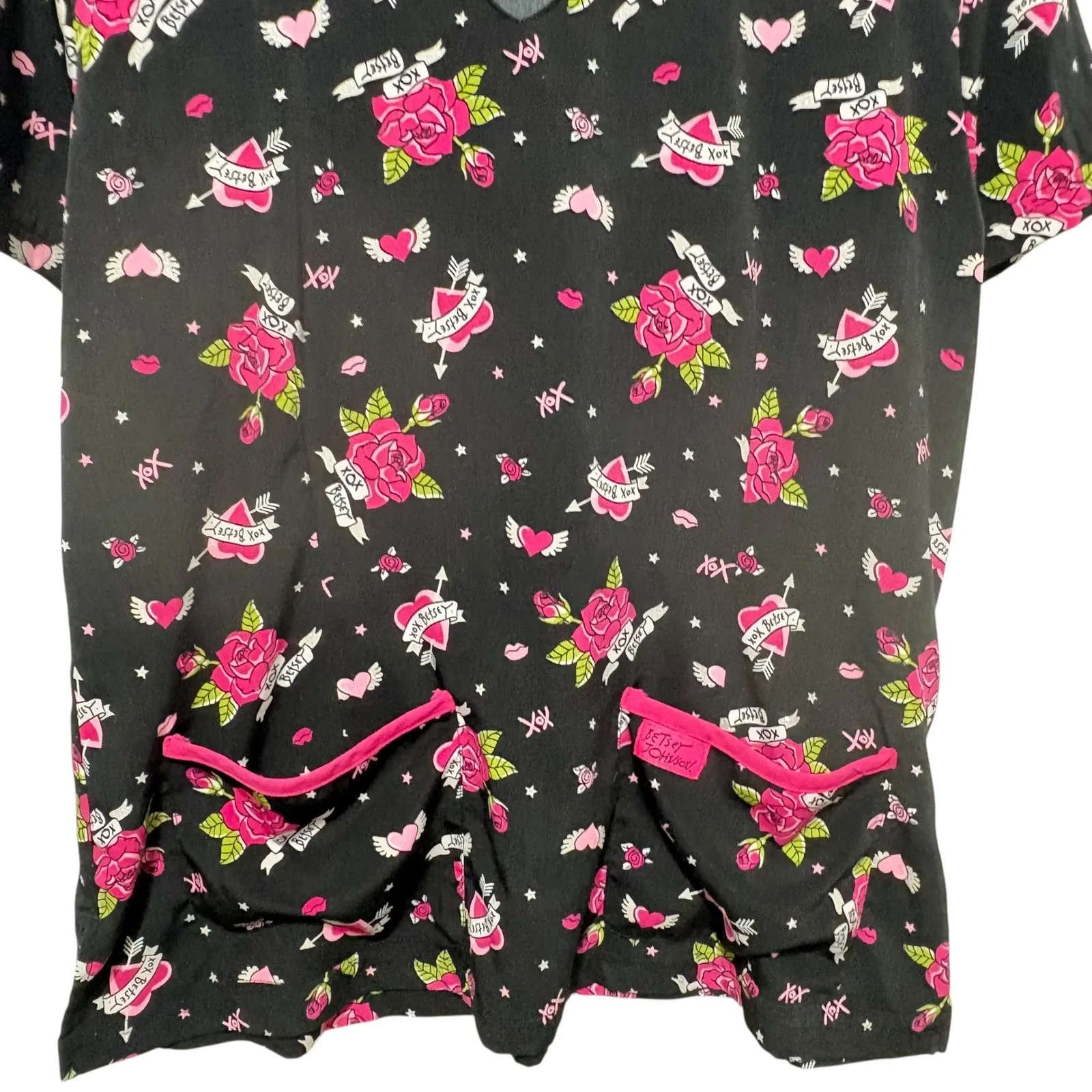 Betsey Johnson Women Top L Black Pink Rose Print XOXO Medical‎ Nurse Uniform - Image 4