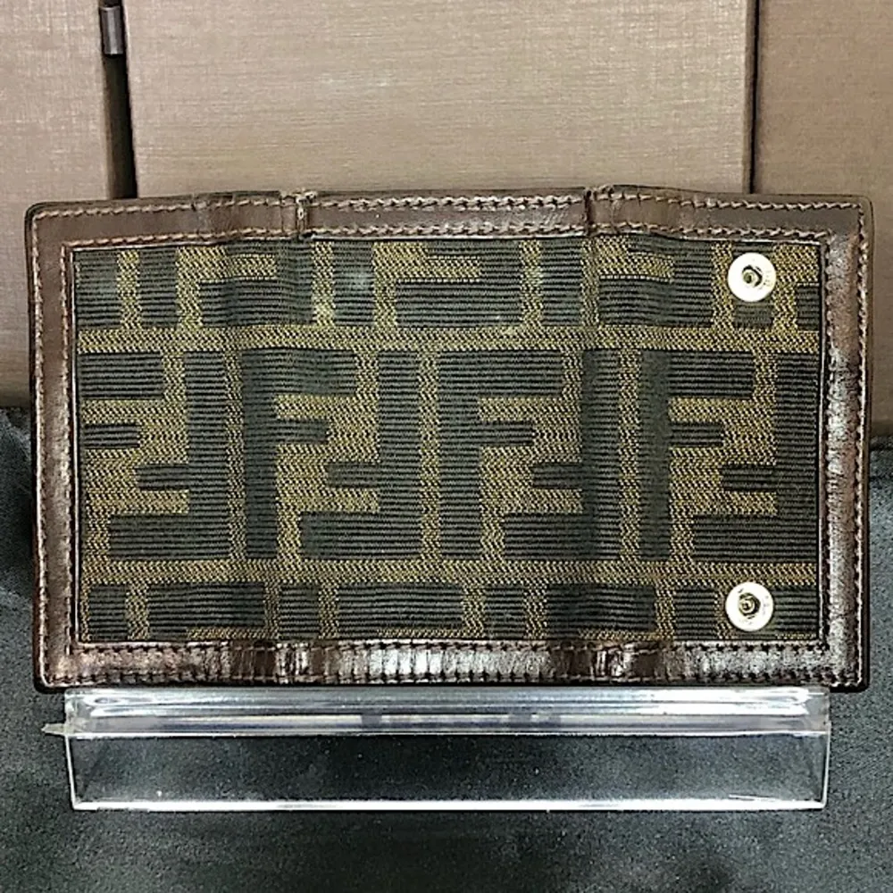 FENDI Zucca Tan Navy Canvas and Brown Leather Trim Snap Close Trifold Key Case - Image 16