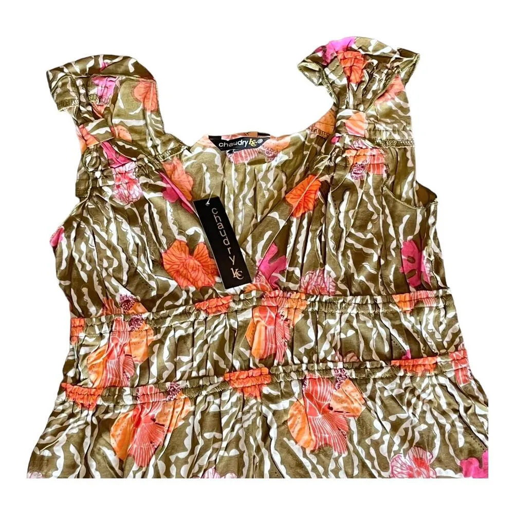 NEW Chaudry MIDI Floral Sun DRESS Women's LG Pink Poppy Green 100% Viscose NWT! Size M - Image 2