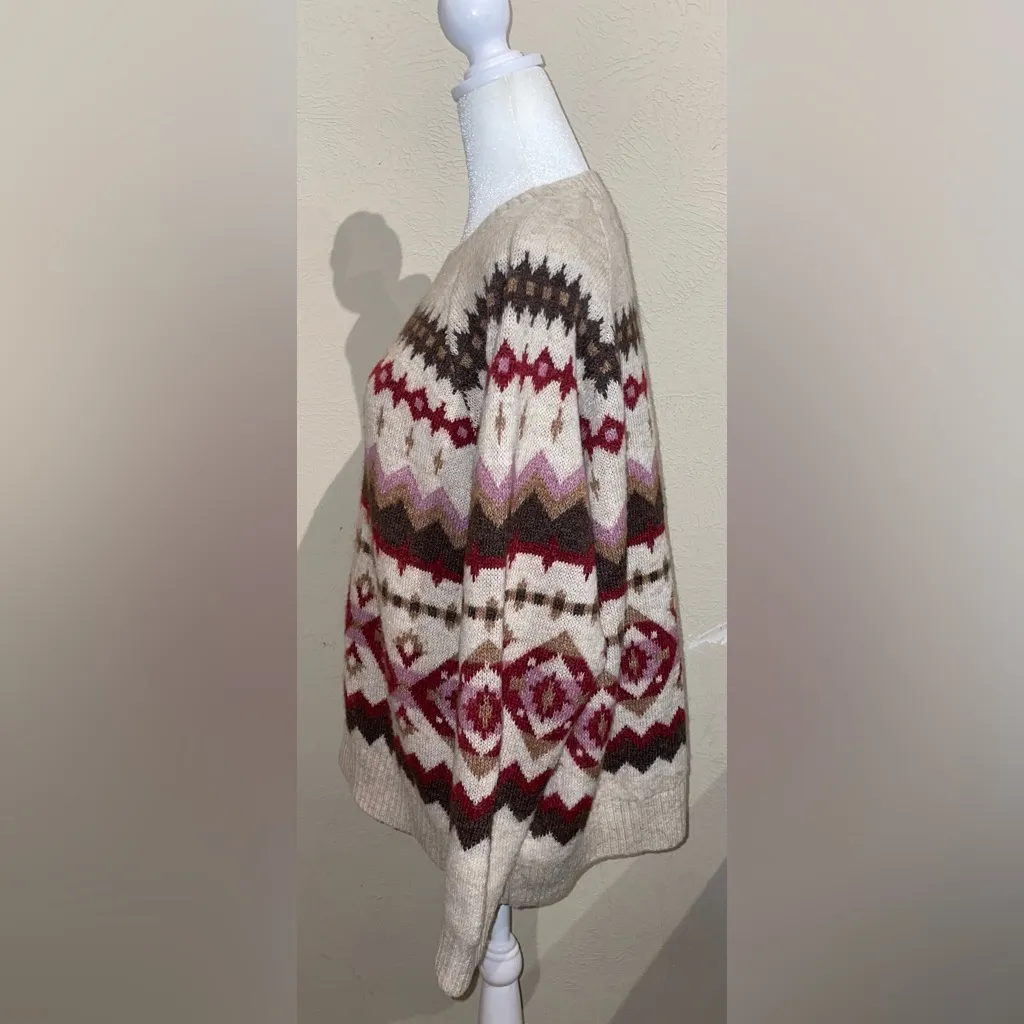 Old Navy Women’s Size M Fair Isle Cream Crew Neck Sweater Pink Burgundy Nordic - Image 6