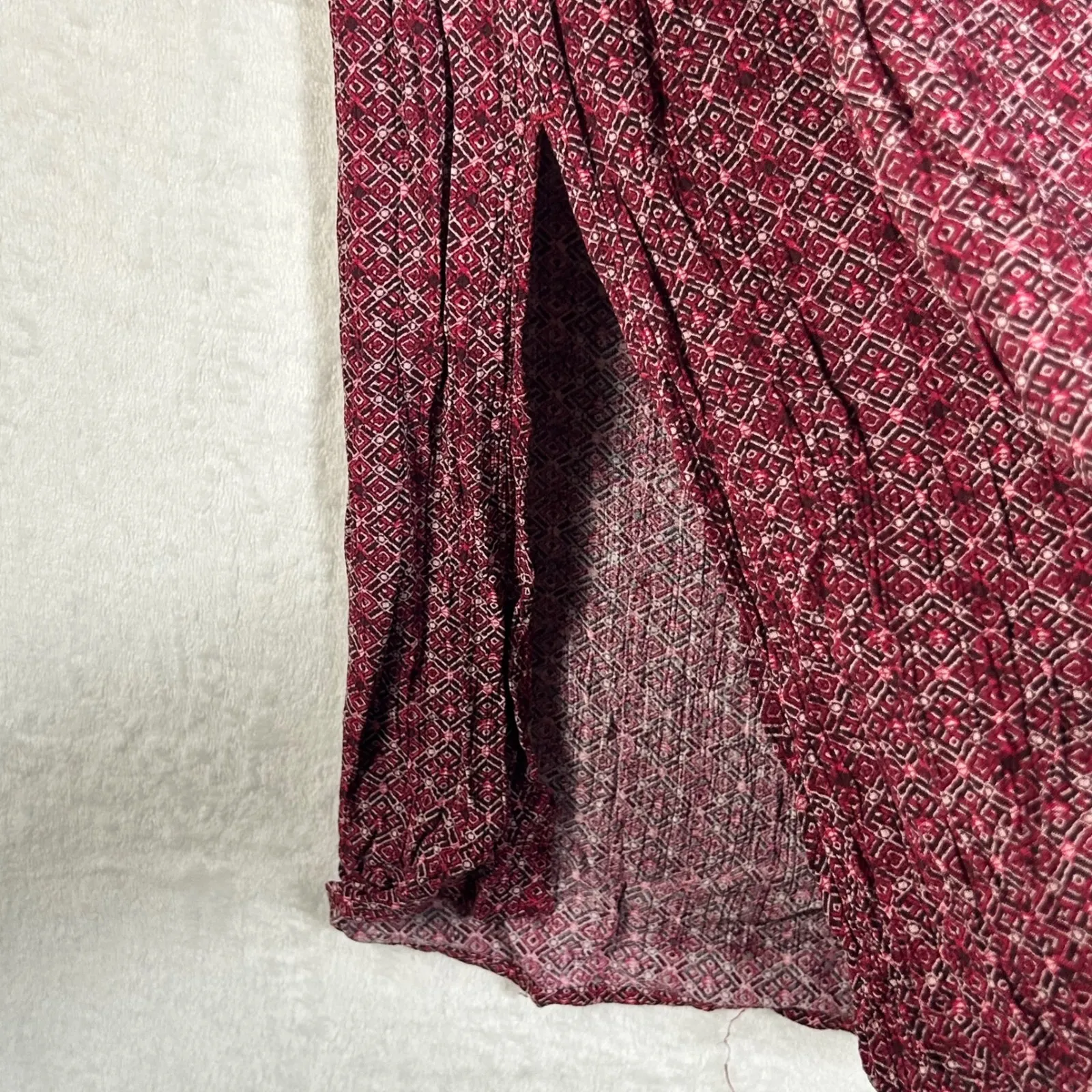 Eddie Bauer Burgundy Red Geometric Print Maxi Skirt Size L Drawstring Waist Slit - Image 7