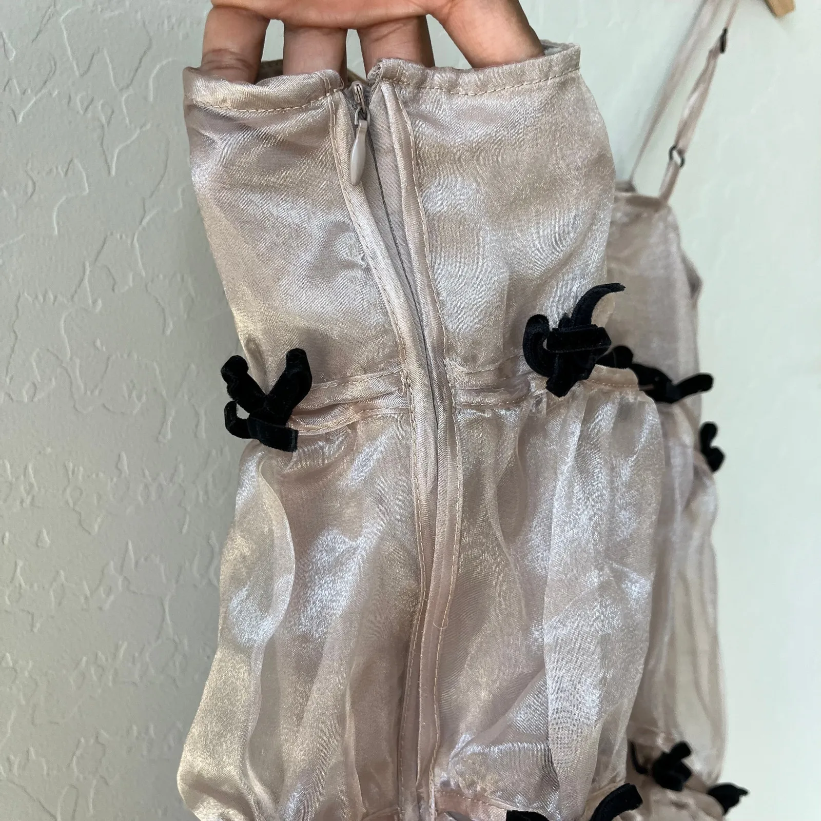 Marchen Dress Bow Embellished‎ Asymmetric Organza Midi Dress Beige Black S - Image 6