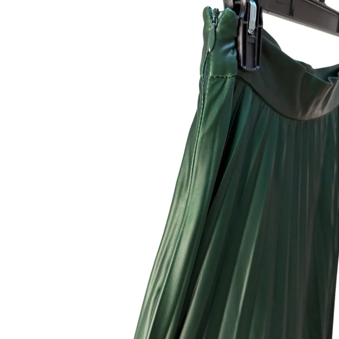 Zara Midi Skirt Womens XS Green High Rise Faux Leather Flare Pleated Minimalist - Image 5