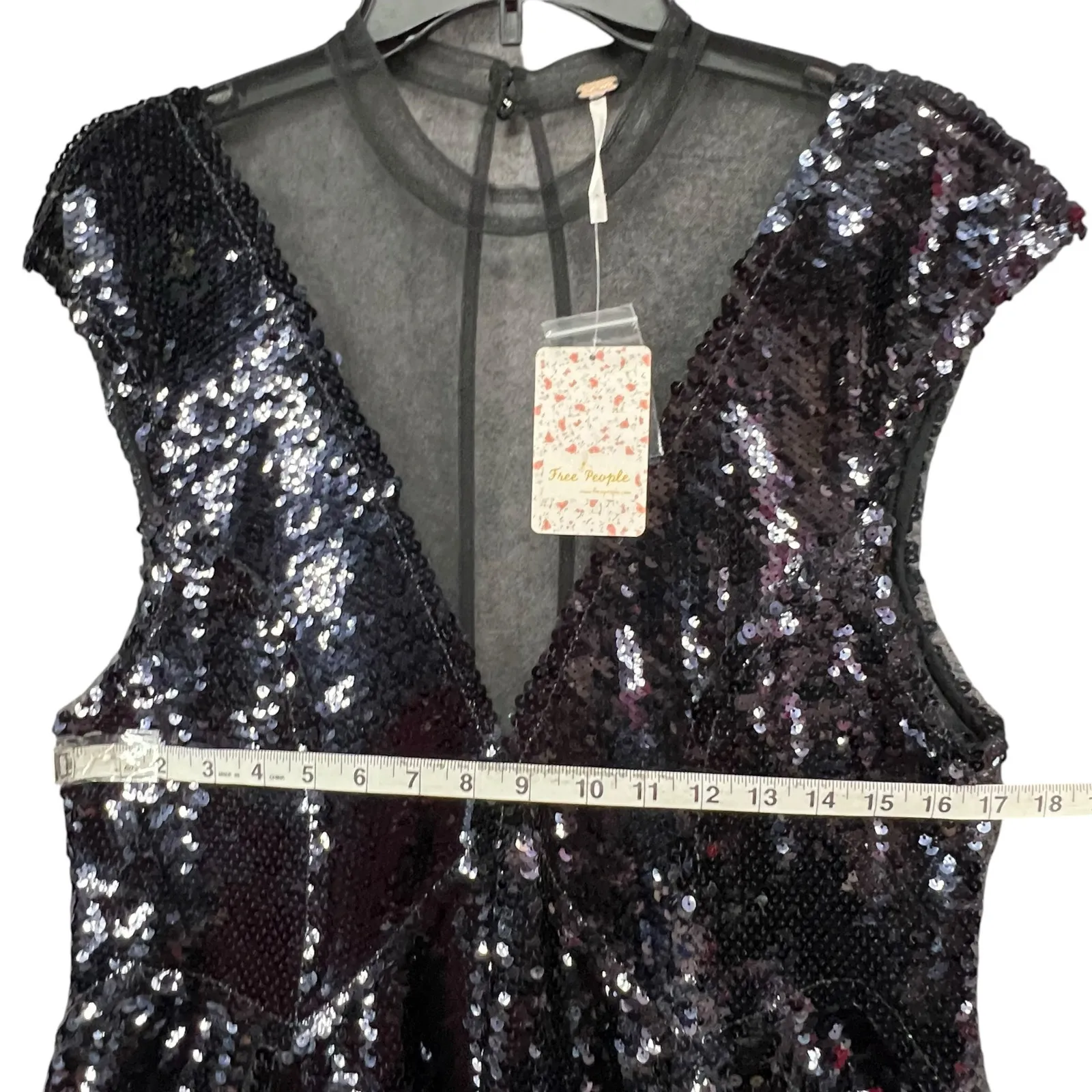 Free People Sequin Illusion Dress L Black Fit Flare Cocktail Goth Glam Showgirl - Image 7