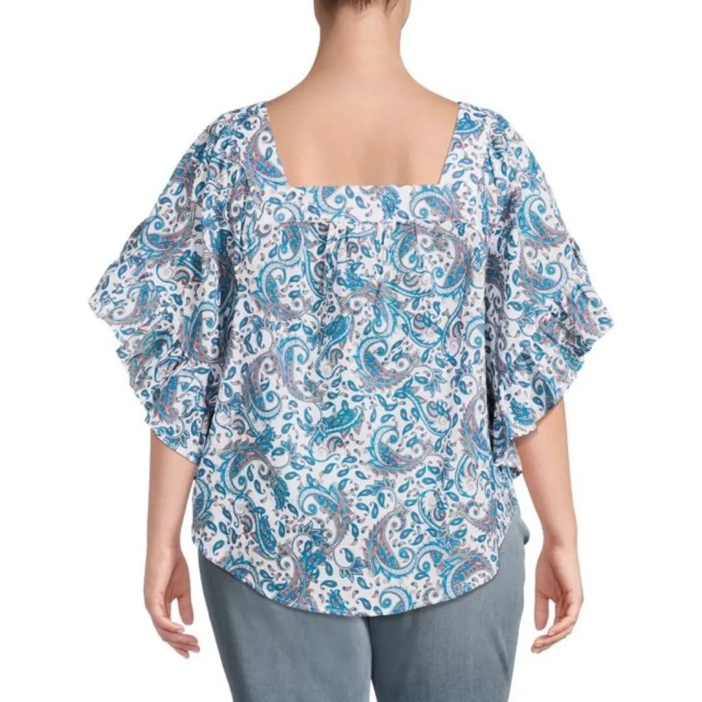 Terra & Sky Women's Plus Size Square Neck Paisley Blue Peasant Top Size 1X - Image 2