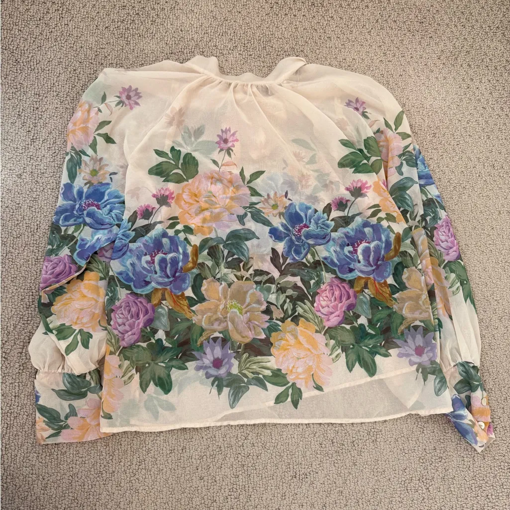 Zara Tan Cream Floral Long Sleeve Blouse - Image 4