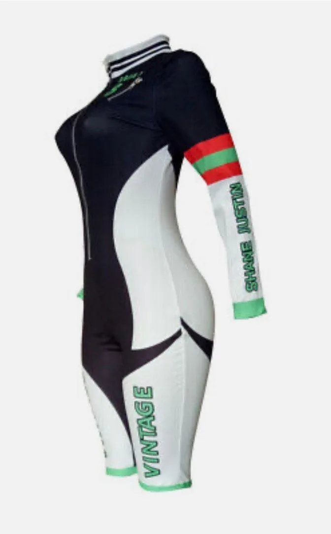 Sporty Digital Print Patchwork Zippered Bodycon Shorts Jumpsuit White Size L - Image 3