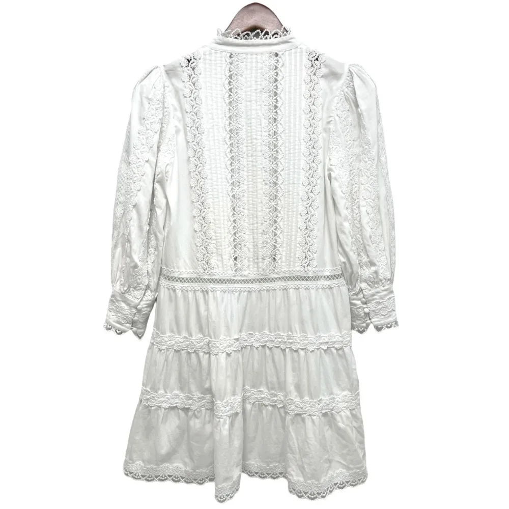 Alice & Olivia Clark Mandarin Collar Gathered Tiered Dress White Mini Size 0 - Image 7
