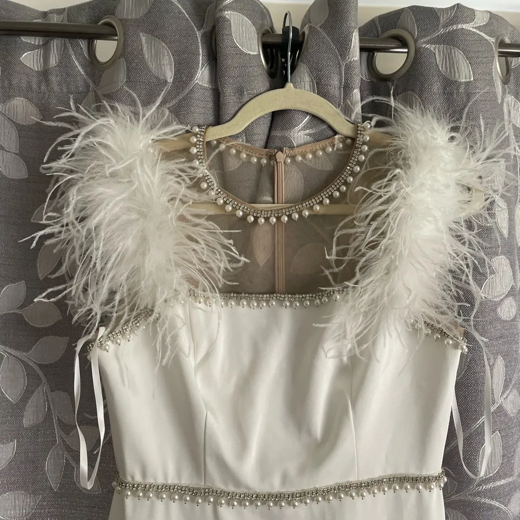 Mac Duggal White Feather Cap Sleeve Pearl Embellished Tea-length Fit Dress - Image 5