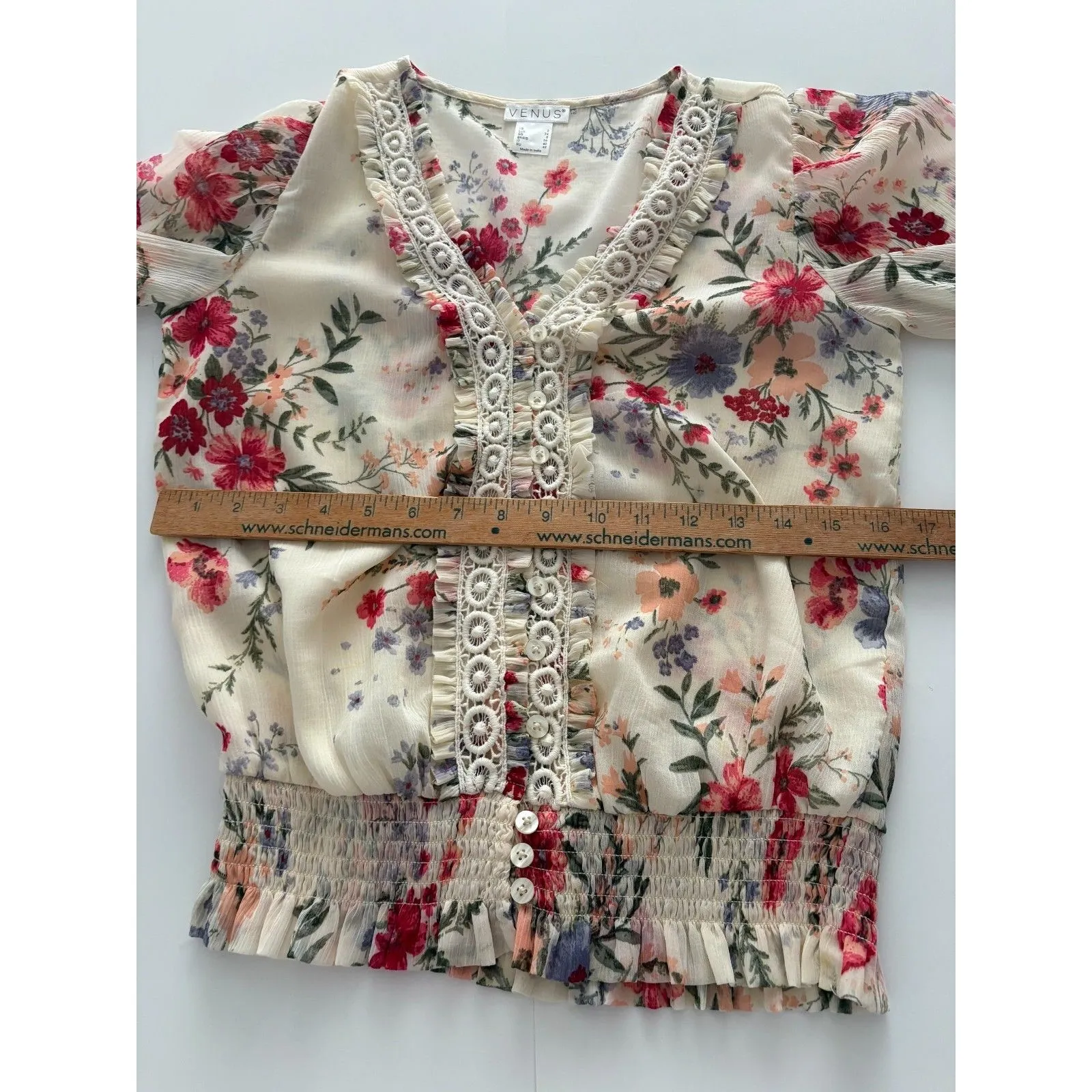 Venus Floral Blouse Size 2 Oversize Lace Flounce Sleeve Milkmaid Prairie (M) - Image 13
