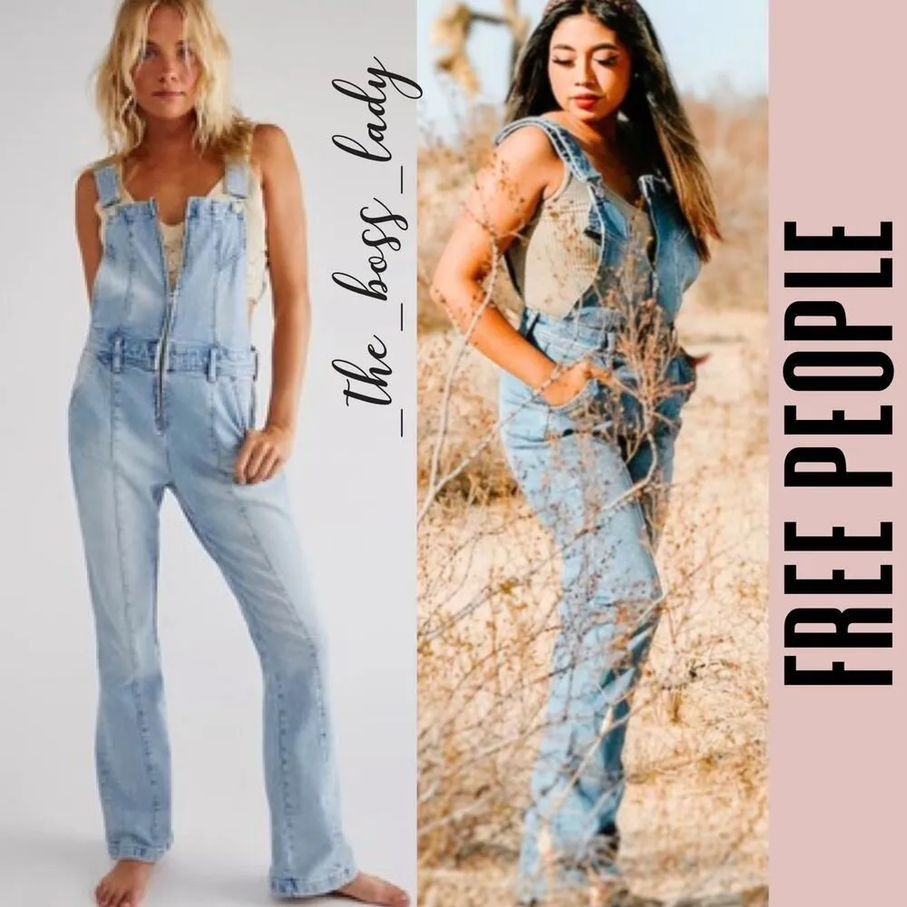 Free People denim overalls one-piece jumpsuit slim flare cotton onesie - Image 8
