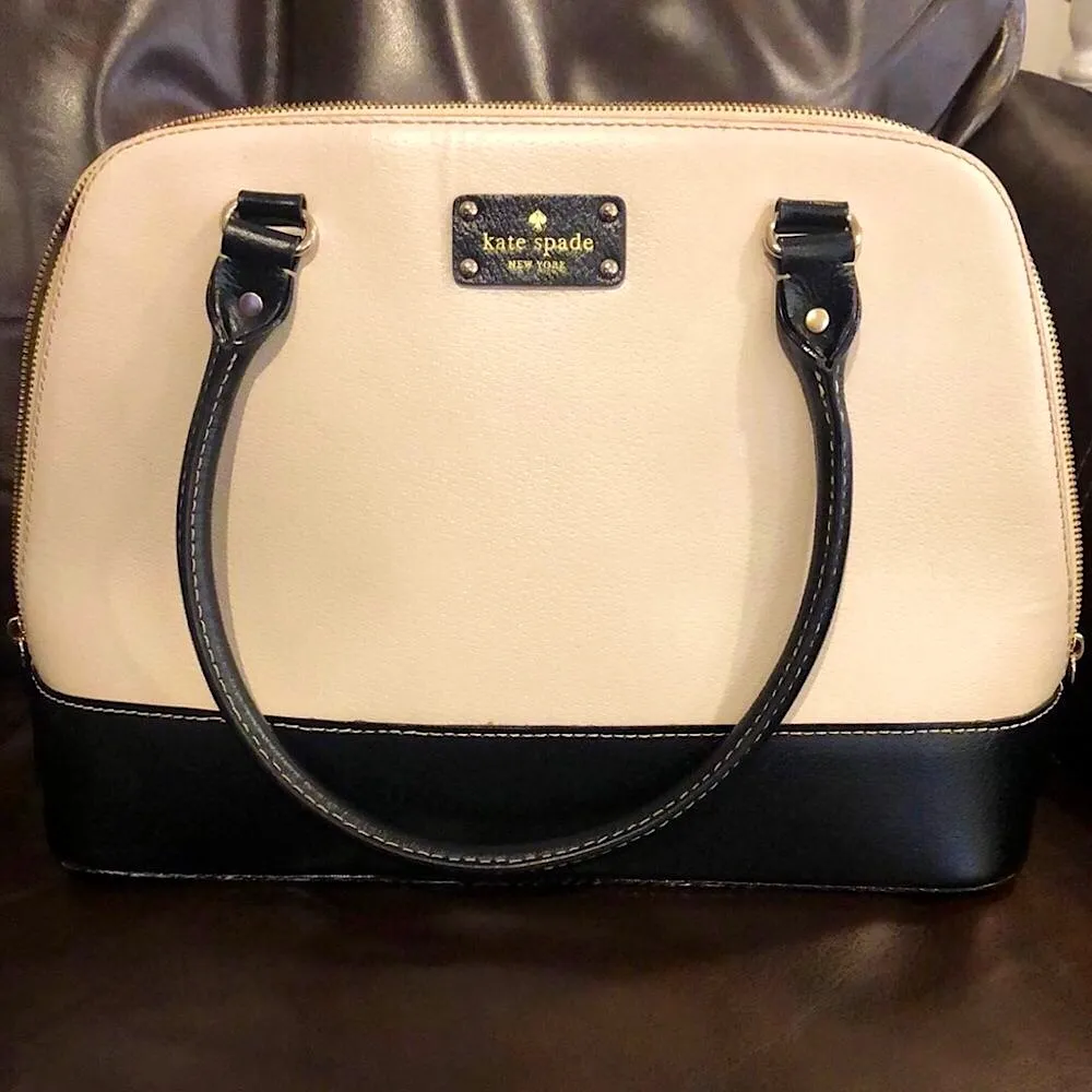 KATE SPADE Wellesley Street Cream & Black Leather Dome Shaped Gold Satchel Bag - Image 16