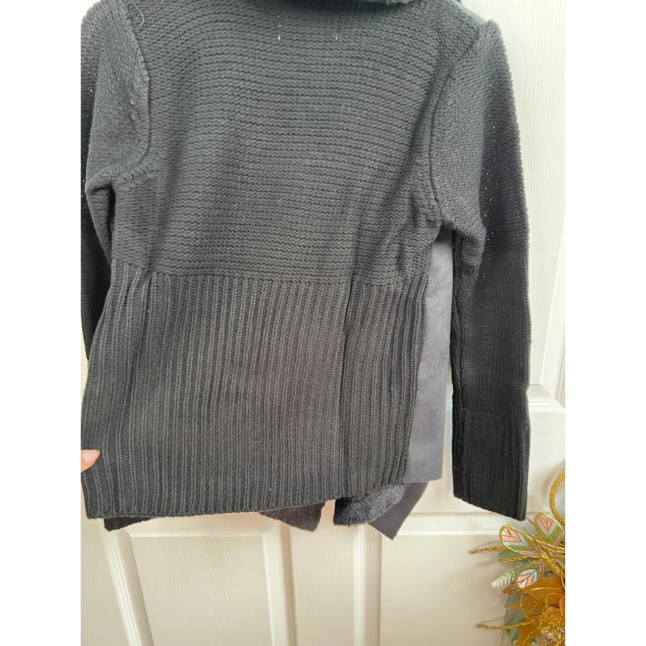 Philosophy Jacket Size XS Black Draped Open Front Faux Fur Collar Knit Chic - Image 11