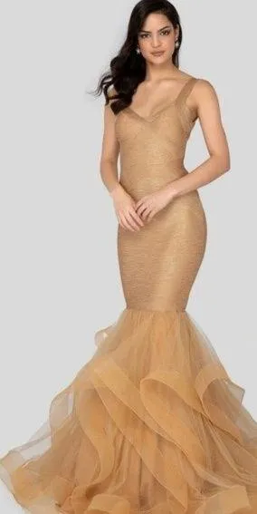 P8640 TERANI COUTURE BANDAGE DRESS Gold Metallic Glitter Mermaid Bodycon Size 4 - Image 1
