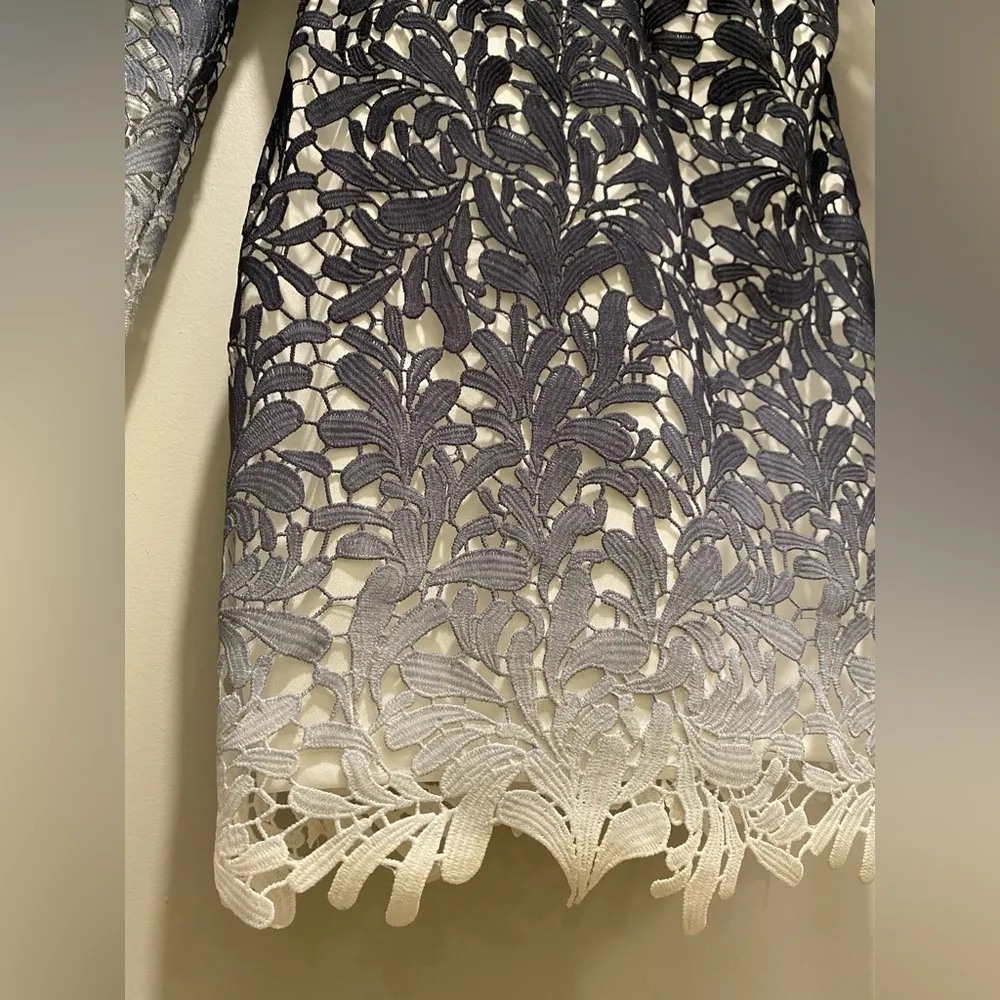 "Lilac Shade" Navy Blue Ombre Crochet Lace Overlay Backless Bodycon Fitted Dress - Image 4