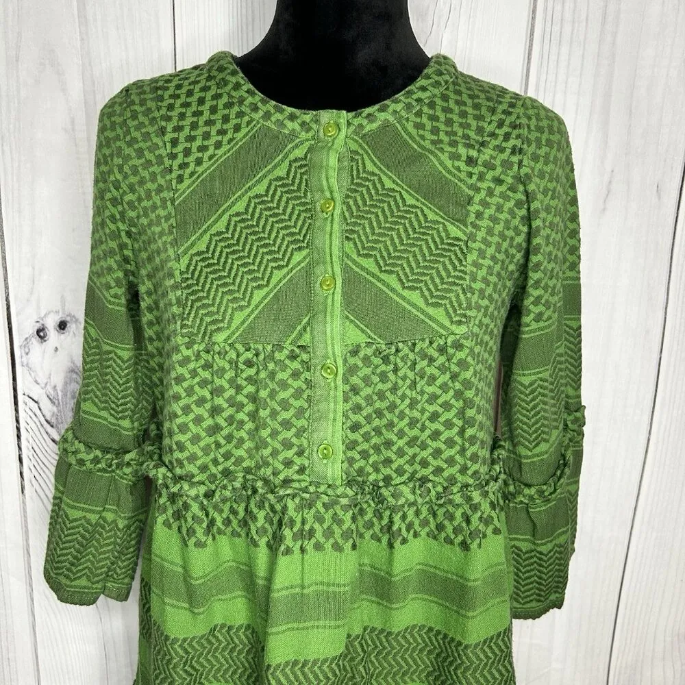 Cecilie Copenhagen Boho Peasant Dress Size XS Womens Green Button Front - Image 2