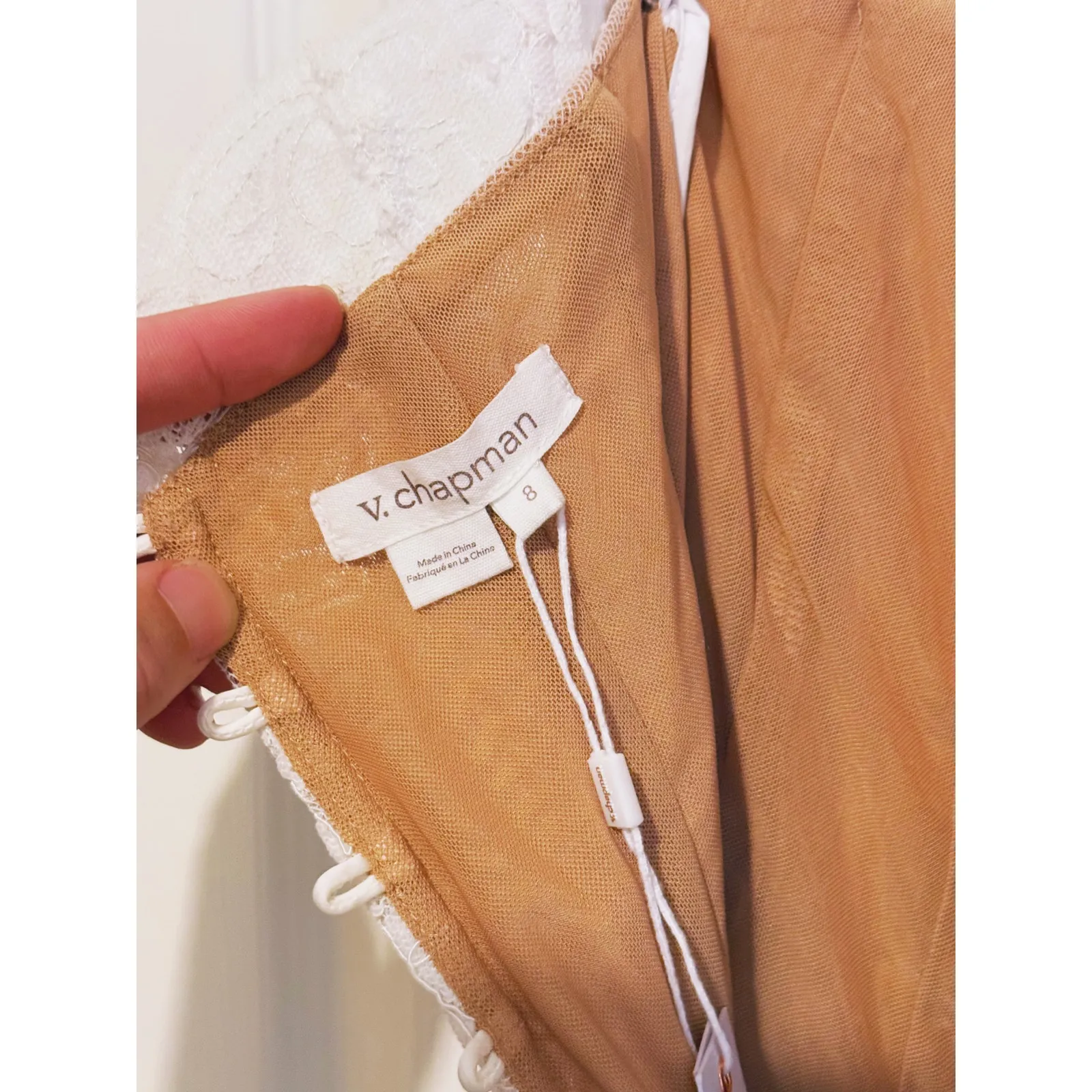 V. Chapman Bridal Capulet Strapless Corset Chantilly Lace Midi Dress 8 Romantic White - Image 9