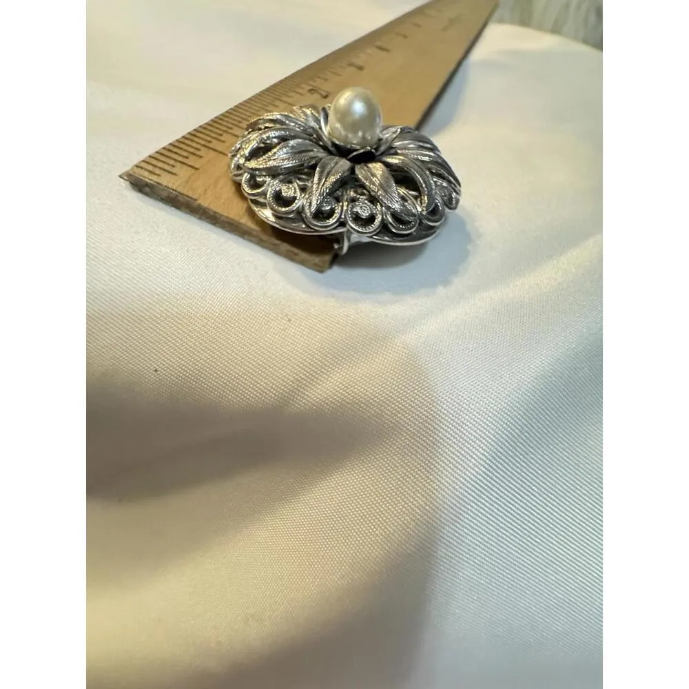 Vintage Jewelry LIEBA USA Scarf Clip Flower Faux Pearl Filigree Silver Tone - Image 2