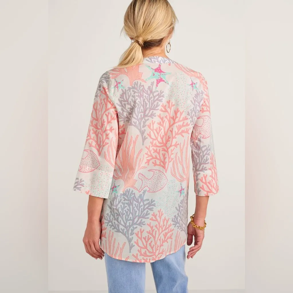 Soft Surroundings Malha Reef Tunic Cotton Embroider Sequin Button Shirt Blouse L - Image 5