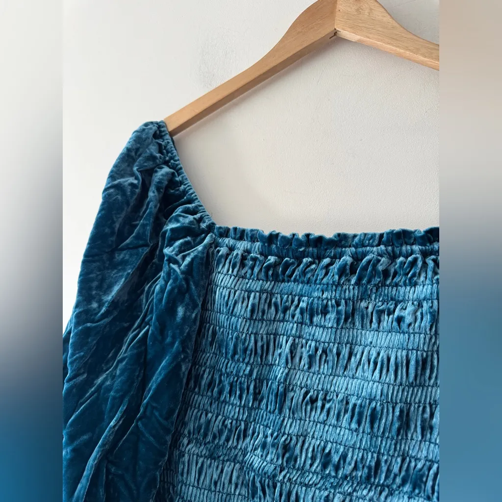 Anthropologie Smocked Puff Sleeve Blue Velvet Square Neck Long Sleeve Top - Image 3