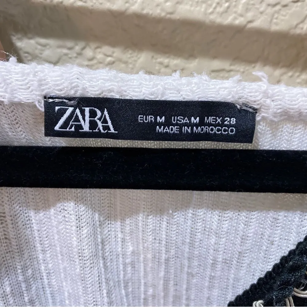 ZARA White Boho Blouse Cords Tassels Cotton Size Medium - Image 5