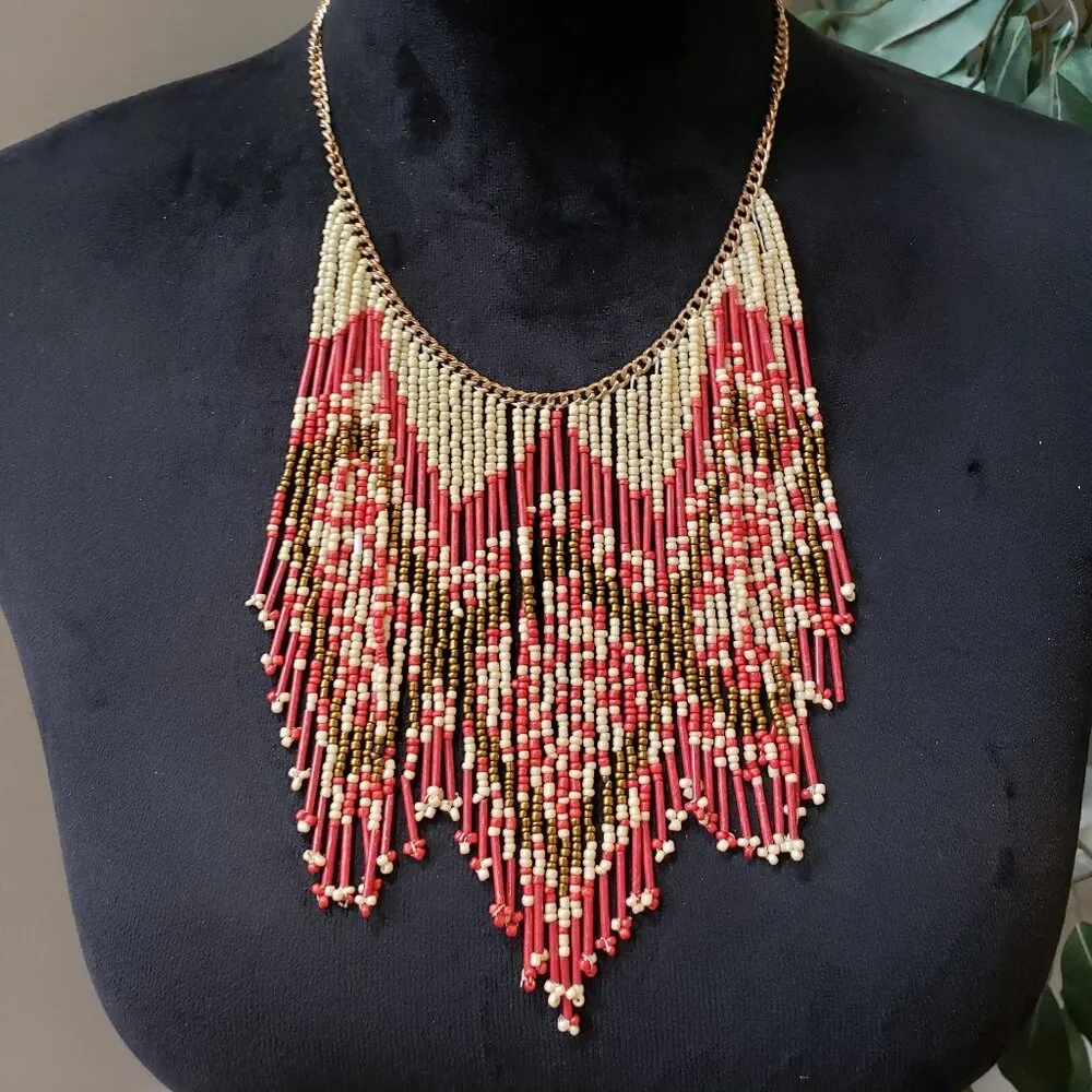 Women Fashion Multicolor Seed Bead Waterfall Draping Necklace Jewelry w/ Lobster Red - Image 2