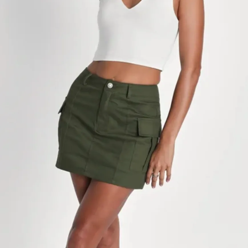 Trendsetting Aura Olive Green Cargo Mini Skirt - Image 2