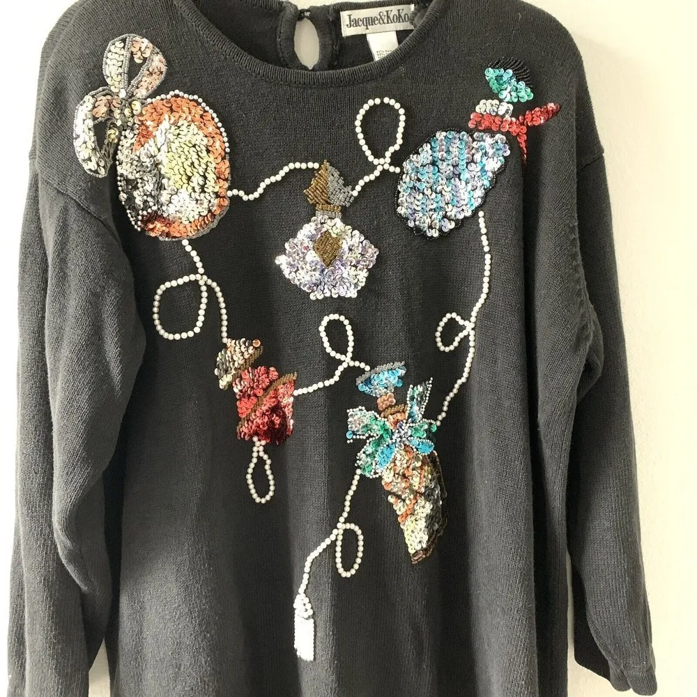 Vintage Jacque & Koko Size 18/20 Black Sequin Whimsical Party Pullover Sweater - Image 2