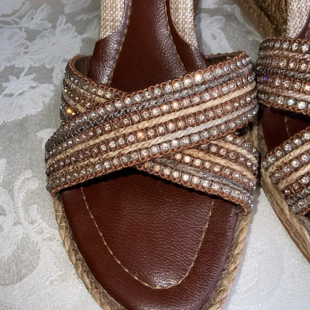 Rope 4” Wedge With Criss Cross Rhinestones Straps Almost New Size 9 - Image 3