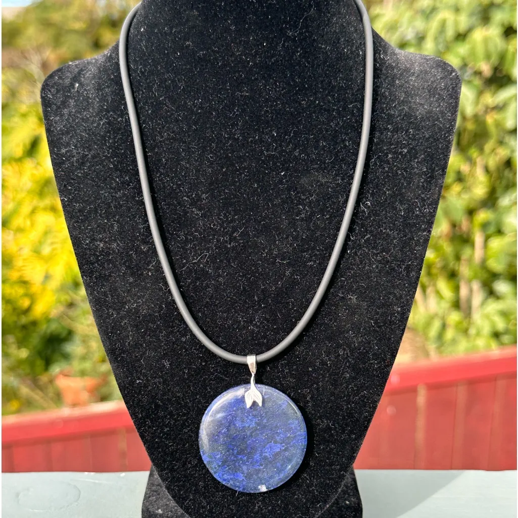 831. Blueberry Quartz Disc pendant .925 Sterling silver bail clasp black cord - Image 2