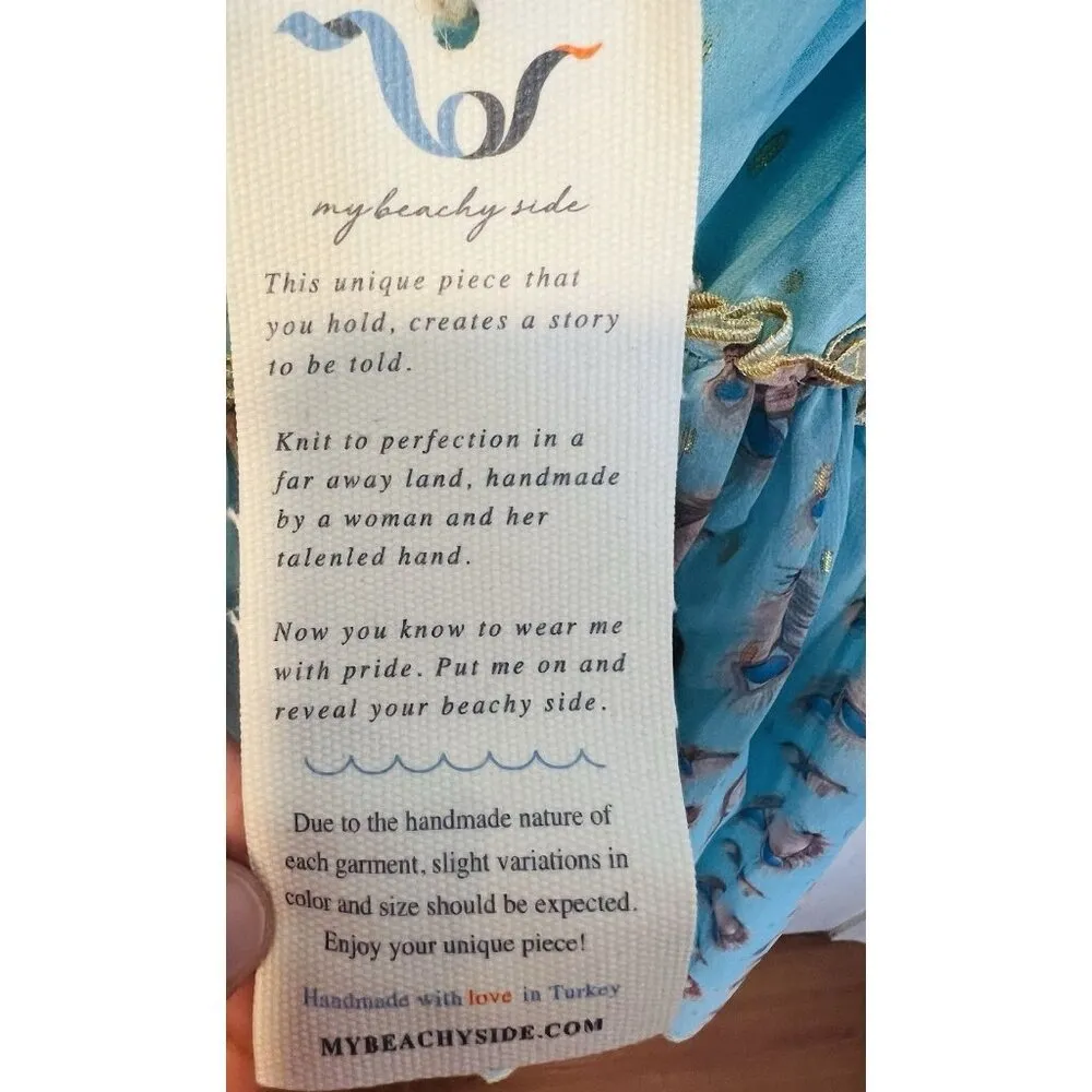 My beachy Side Sparrow Mini Dress Medium Peacock Feather Print Lined Adjustable Blue - Image 6